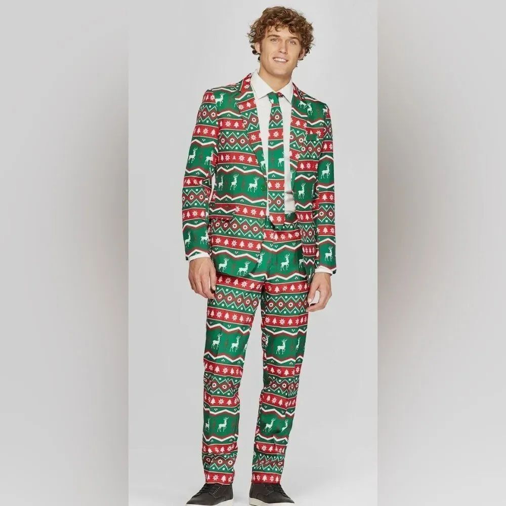 Suitmeister Christmas Green Nordic Suit Pants Blazer & Tie Mens Xlarge